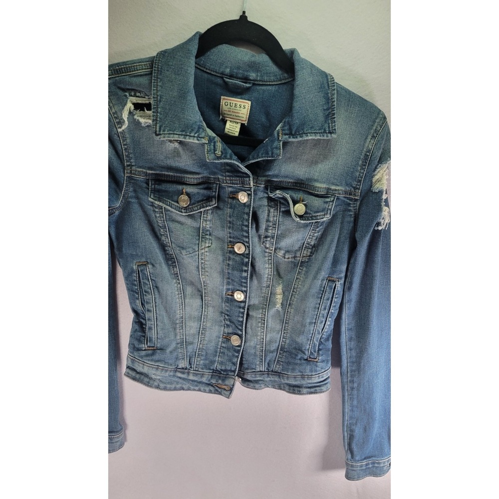 Guess Vintage Y2k 90s Jean Jacket XS Blue Denim Button Up Distressed W91N08D2KM2